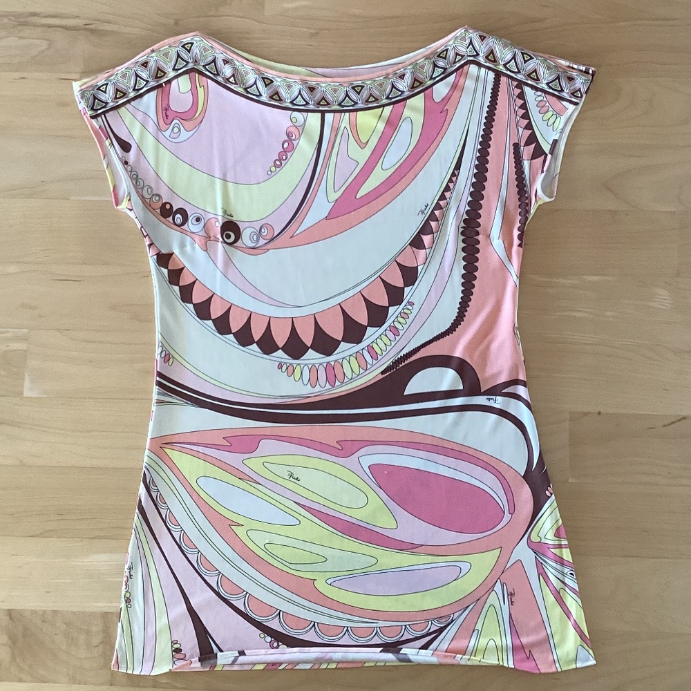 Emilio Pucci Firenze Tunic Top Cap Sleeves Yellow/Pink Abstract 100% Silk Jersey